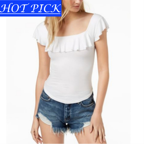Free-People White Ribbed Flounce Top-Shirt - Picture 1 of 2